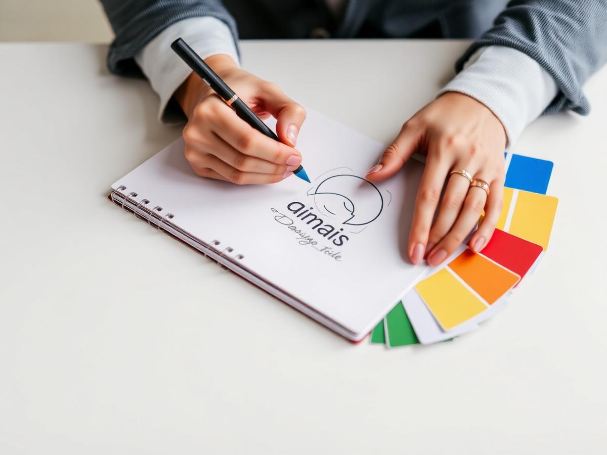 Designer working on a venue brand layout beside colour swatches